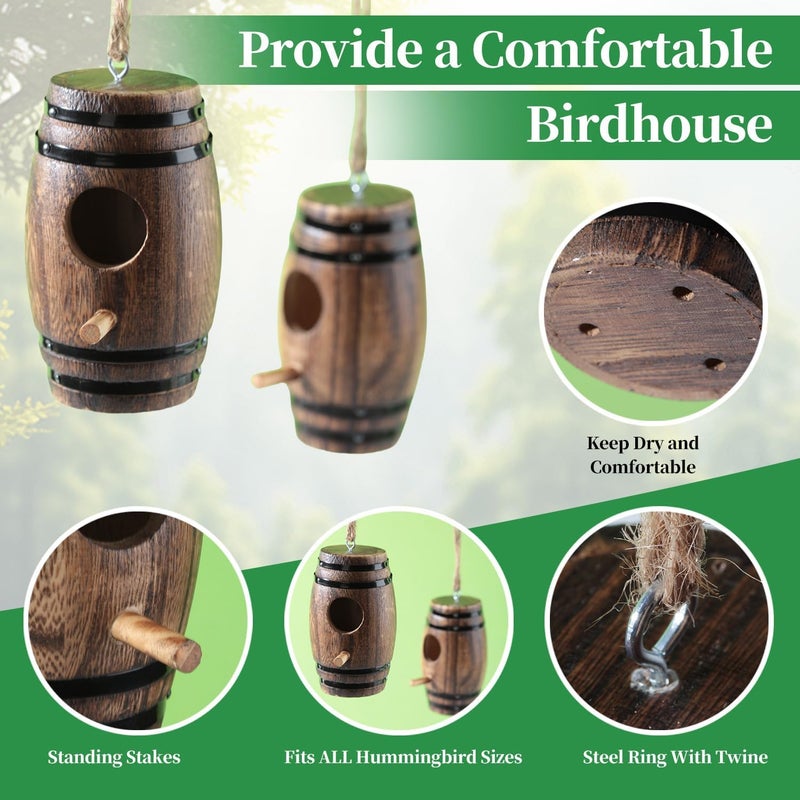 DY-SKTY 2 Pack Hummingbird Houses for Outside, Wooden Hummingbird House for Nesting, Hanging Bird Houses for Outdoors with Pole, Unique Garden Gifts Home Decoration - Image 3